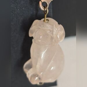 Carved Quartz Dog Dangle Earrings Clear Crystal Animal Jewelry Pink